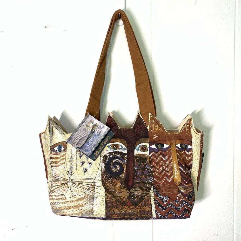 Laurel Burch Purse Shoulder Bag Painted Canvas 3 Cats Brown Neutral Artsy NEW